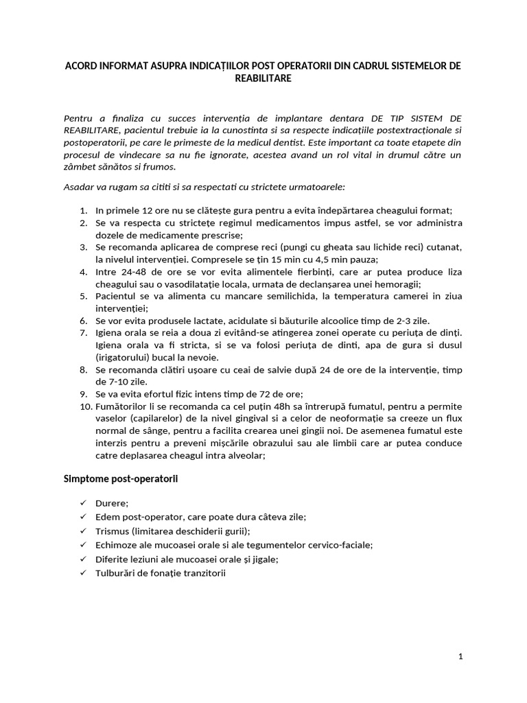 Acord Informat Asupra Indicațiilor Post Operatorii Din Cadrul ...