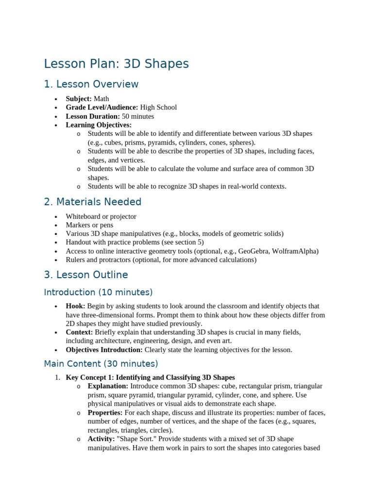 Lesson Plan: 3D Shapes | PDF | Area | Shape