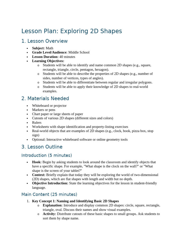 Lesson Plan: Exploring 2D Shapes | PDF | Shape | Triangle