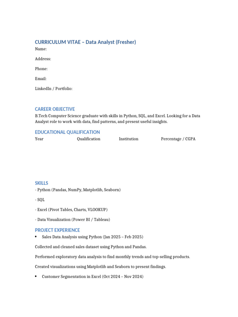 Data Analyst Fresher CV | PDF