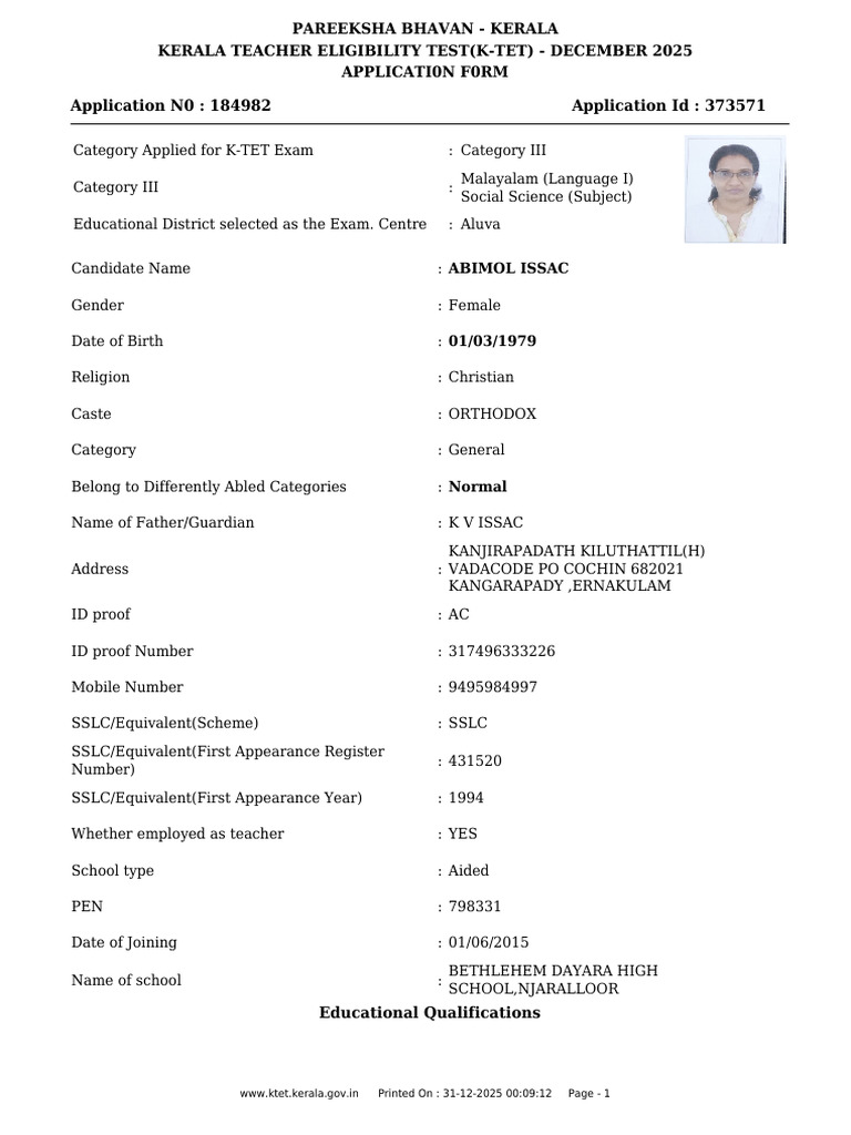 Application Form Ktet Abimol Issac | PDF