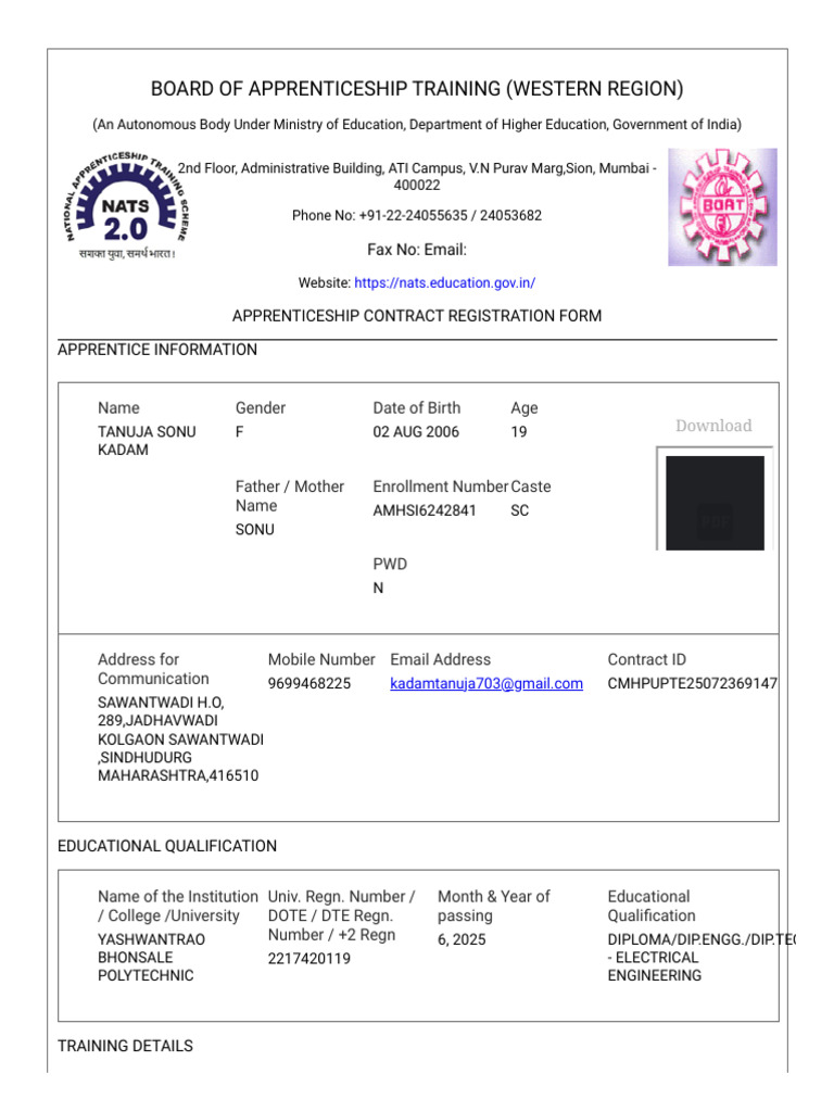 Apprenticeship Contract Registration Form | PDF | Apprenticeship ...