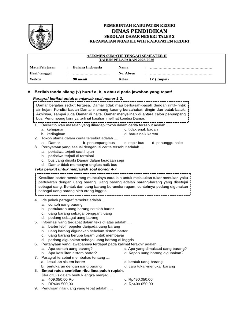 Soal Asts - Bahasa Indonesia - Semester 2 Kelas IV - KD 1 | PDF