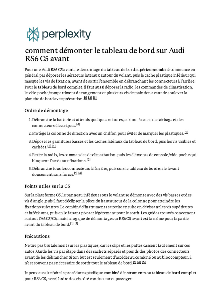 Comment Démonter Le Tableau de Bord Sur Audi RS6 C | PDF