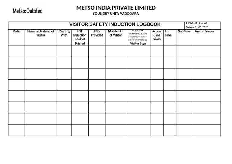 F-OHS-05 Visitor Safety Induction Logbook | PDF