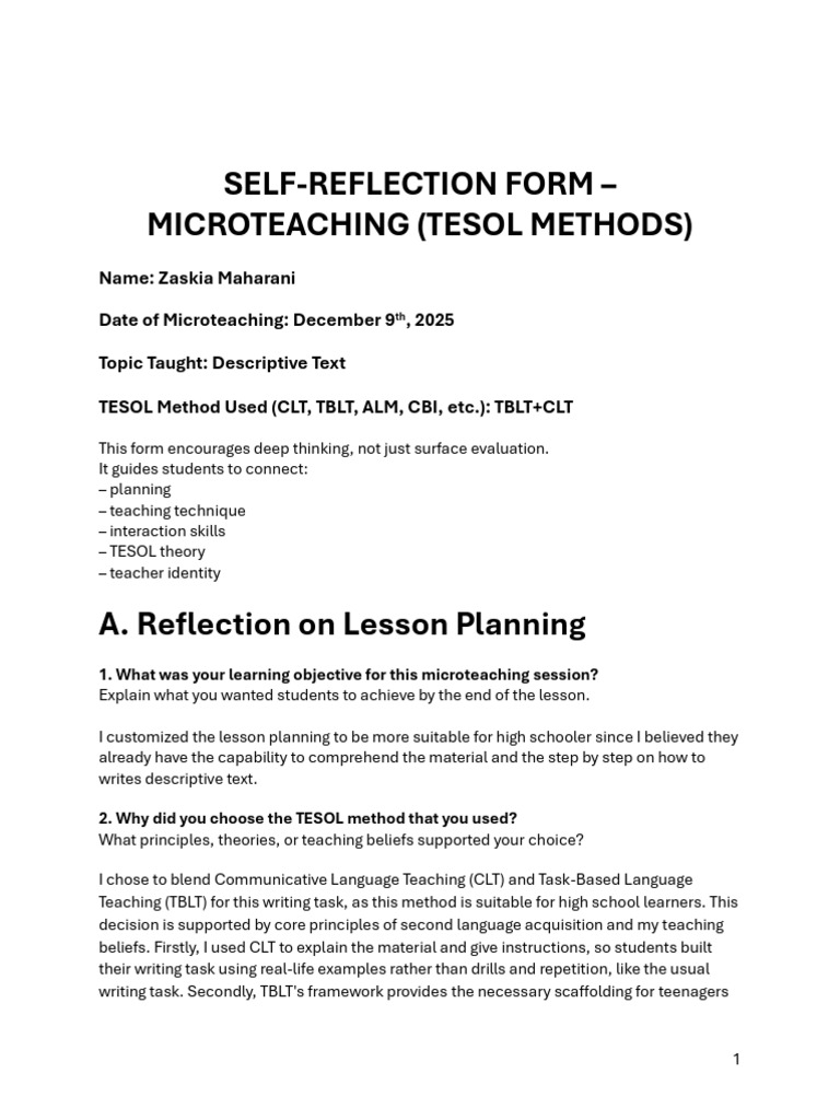 Self Reflection Form | PDF | English As A Second Or Foreign Language ...