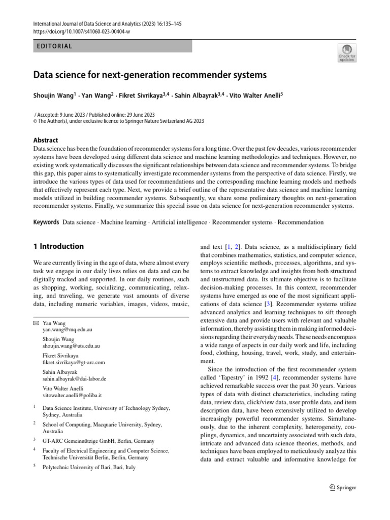 Data Science For Next-Generation Recommender Systems: Editorial | PDF ...