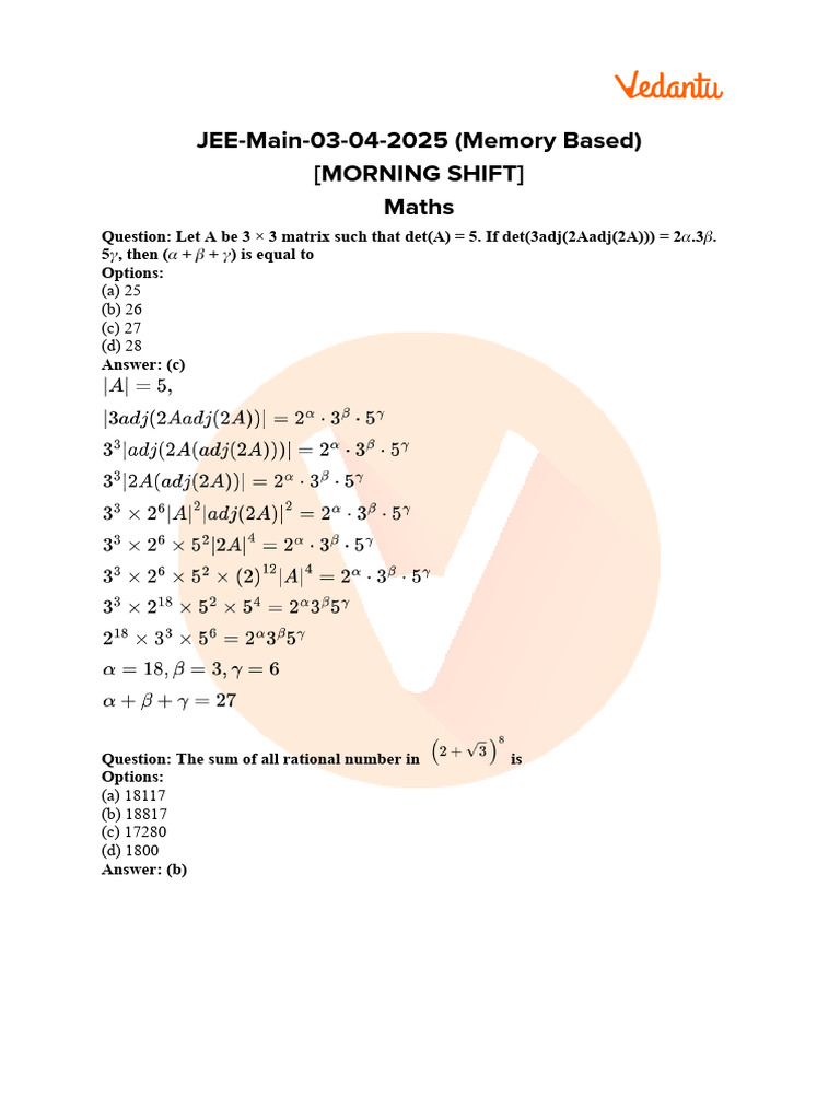 JEE Main 2025 Session 2 (April 3 Shift 1) Mathematics Paper Analysis ...