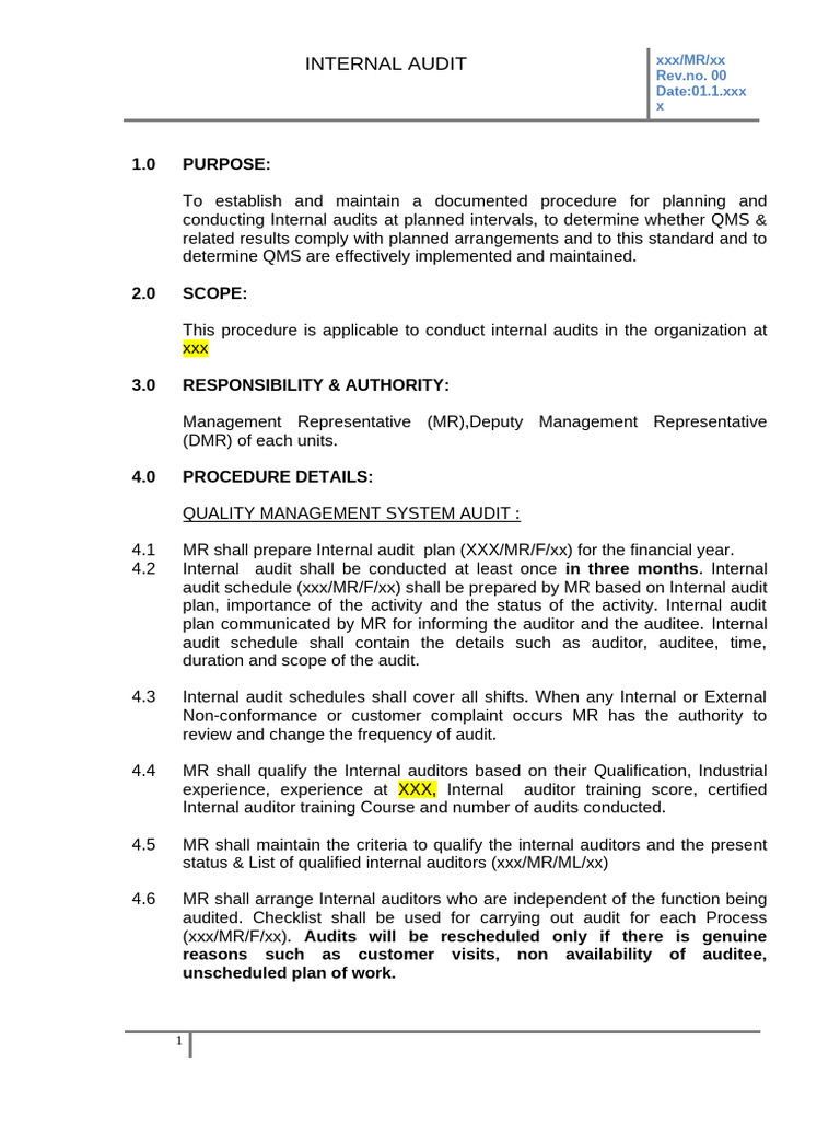 Procedure For Internal Audit - Sample | PDF | Audit | Internal Audit