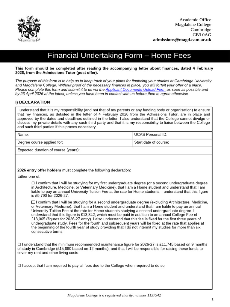 Financial Undertaking Form (Home) | PDF