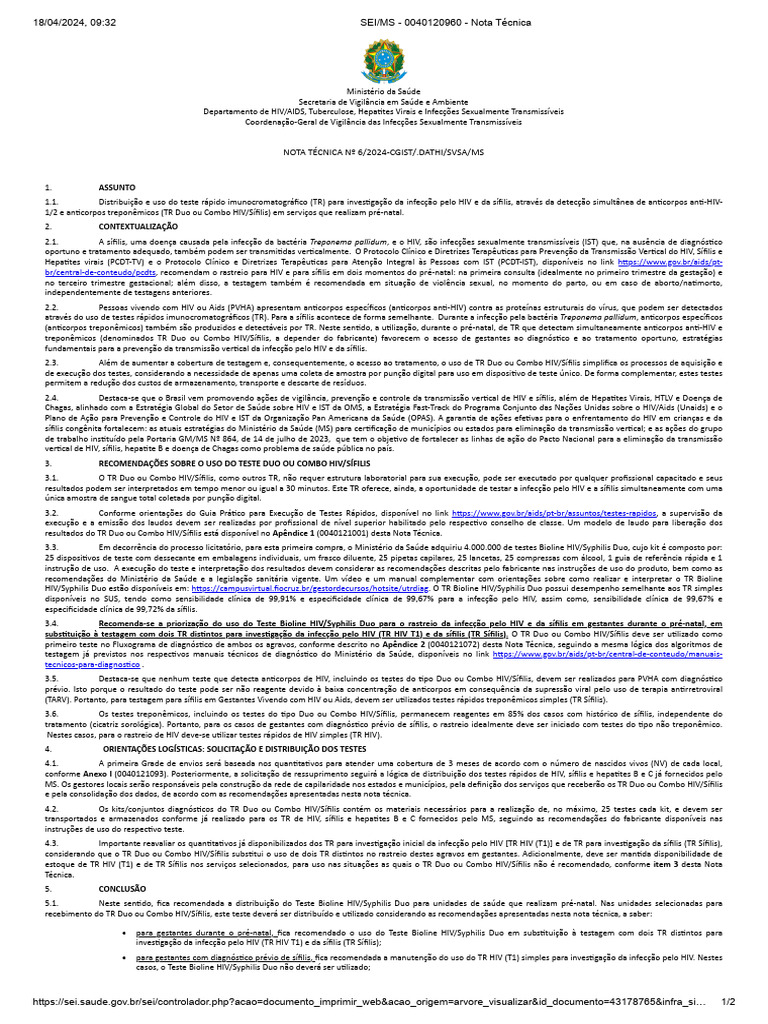 Nota Técnica #6 2024 Cgist .Dathi Svsa Ms (Duo) | PDF | Infecção ...