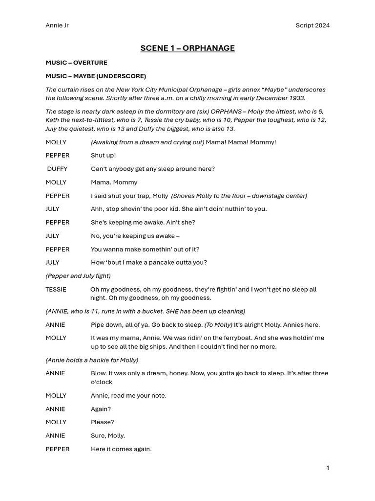 Annie JR - Script 2024MARKED | PDF | Annie (Musical) | Musical Theatre ...