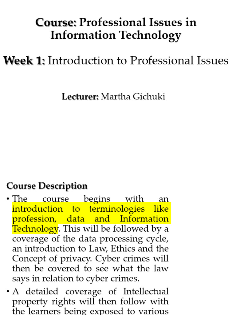 (Professional Issues in IT) Week 1 - Introduction To Professional ...