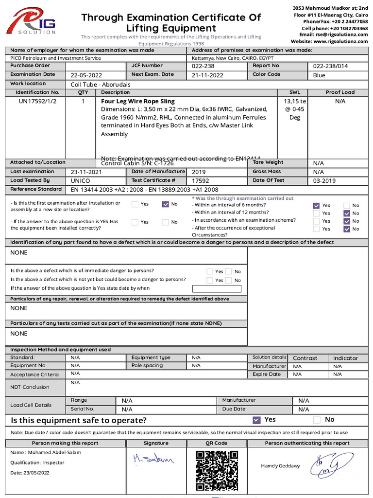 Through Examination Certi Cate of Lifting Equipment: Is This Equipment ...