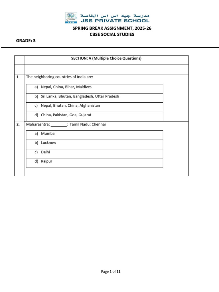 GR 3-Cbse - Spring Break Assignment | PDF
