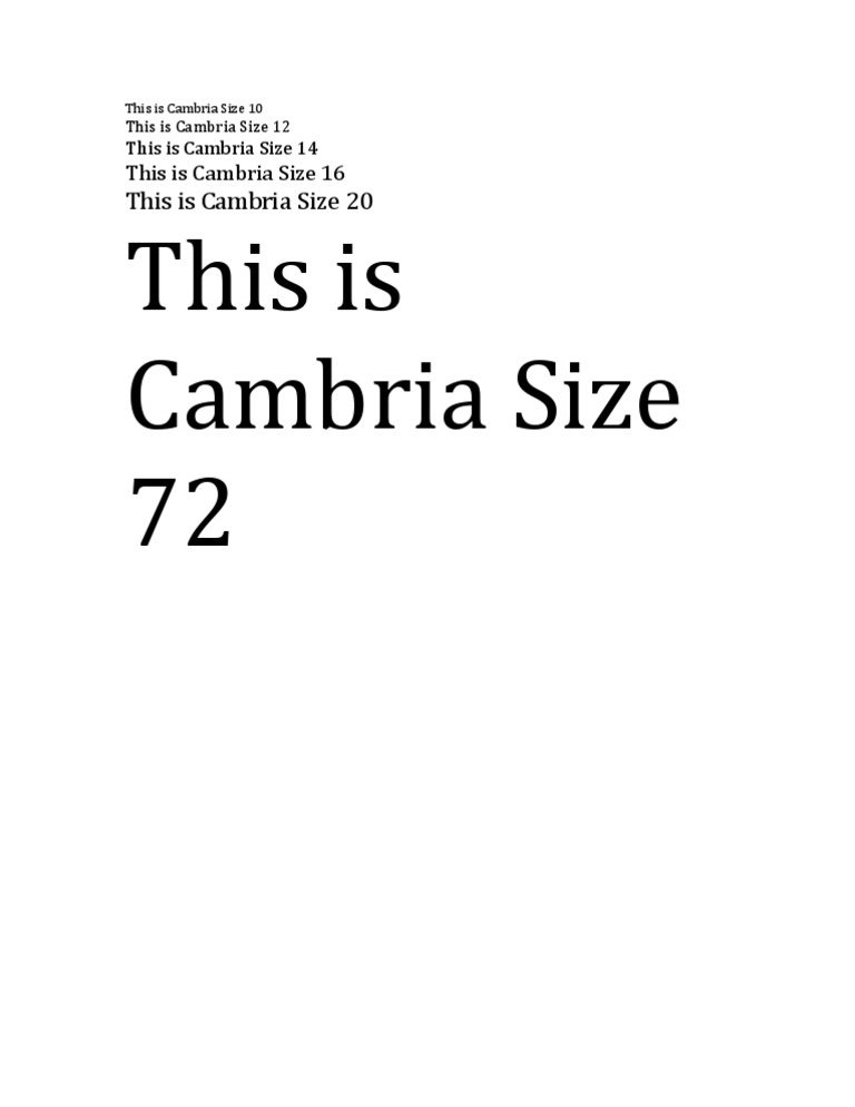 Cambria Sizes PDF