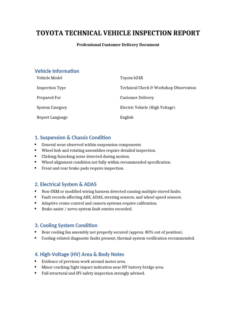Toyota BZ4X Professional Inspection Report | PDF