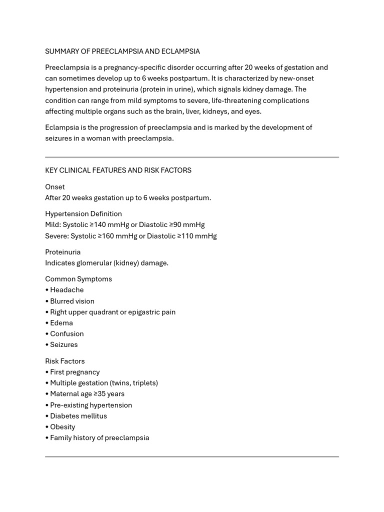 Summary of Preeclampsia and Eclampsia | PDF | Medical Specialties ...
