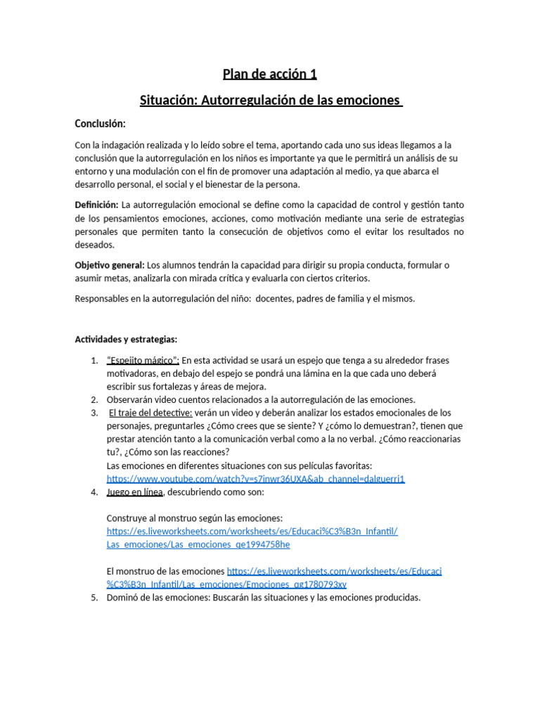 Plan de Acción | PDF | Autorregulación emocional | Las emociones