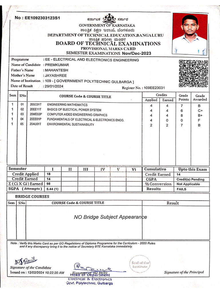 1sem Marks Sheet Diploma | PDF