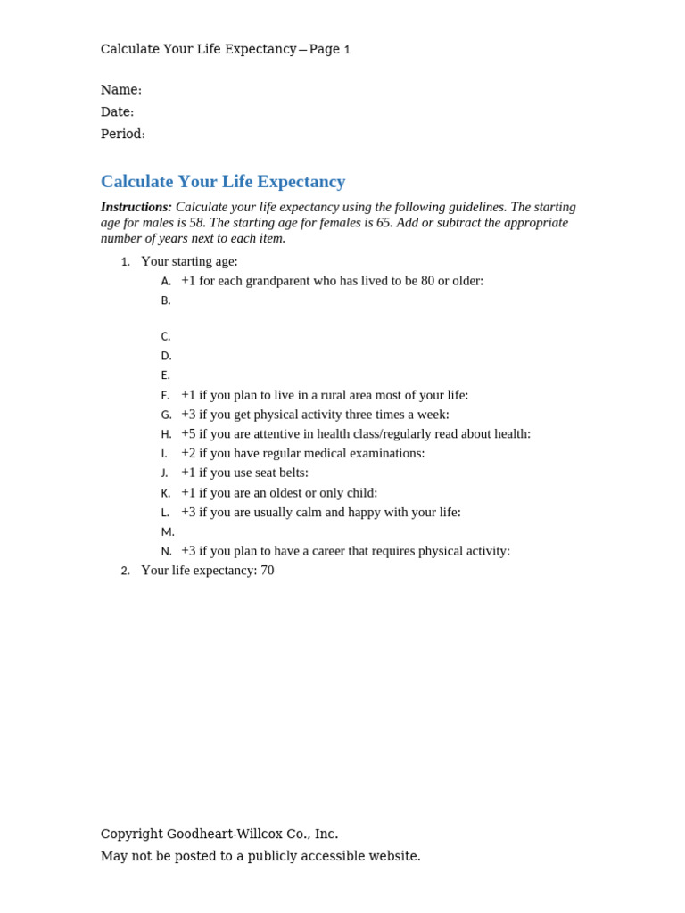 19.1 Calculating Life Expectancy Handout | PDF