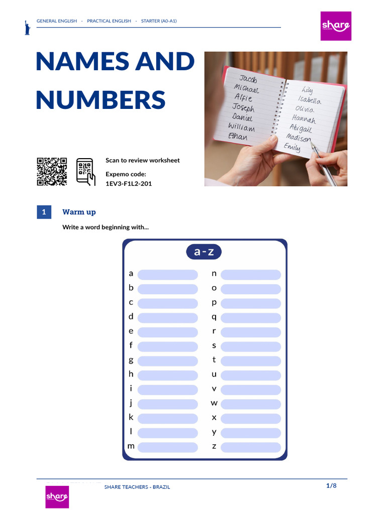 STUDENT - Names and Numbers American English A0 A1 | PDF | Written ...