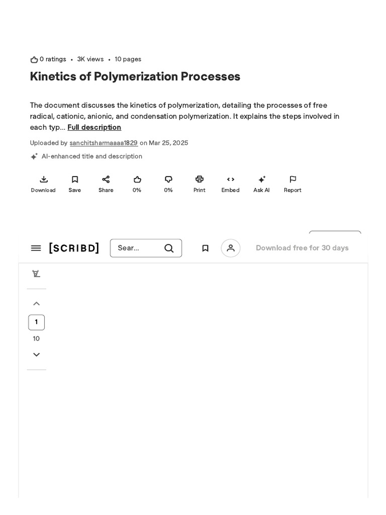 Kinetics of Polymerization Processes - PDF - Polymerization - Chemical ...