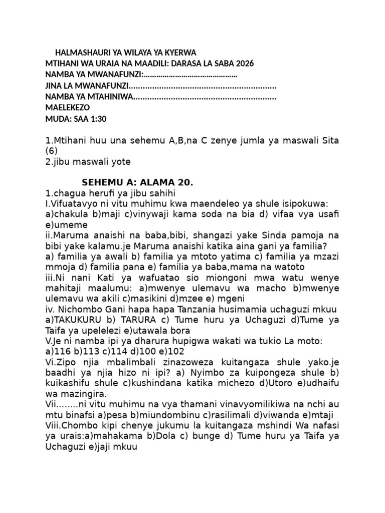 8.mtihani Wa Uraia Drs Vii | PDF
