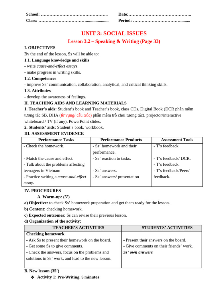 Unit 3 - Lesson 3.2 - Speaking & Writing - Page 33 | PDF | Homework ...