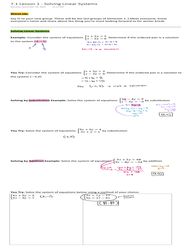 7.1 Lesson 1 - Solving Linear Systems | PDF