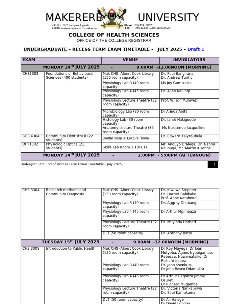 Undergraduate - Recess Term Exam 2025 Timetable - Draft 1 | PDF ...