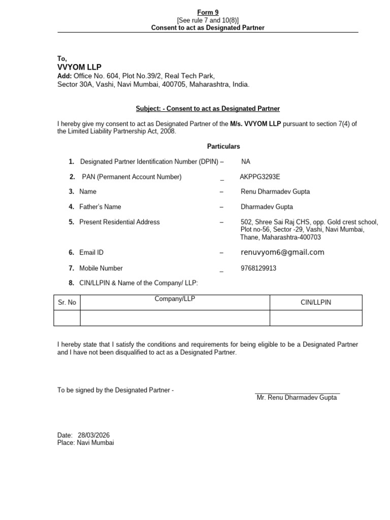 Form 9 | PDF | Limited Liability Partnership | Business Economics