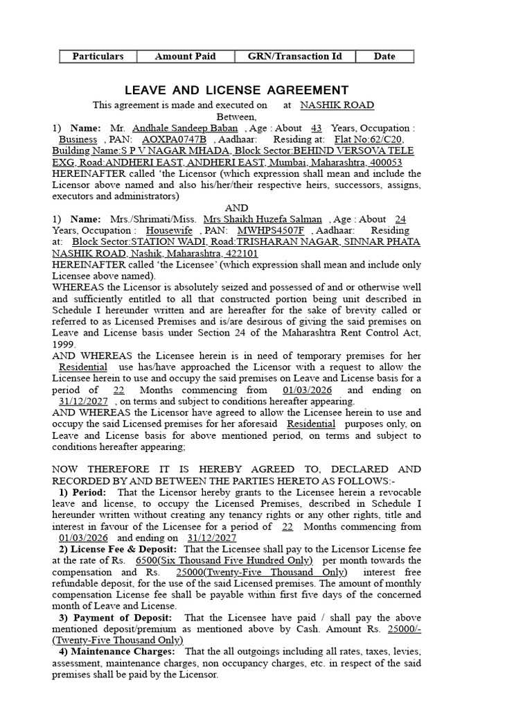 Sandeep Agreement | PDF | License | Landlord