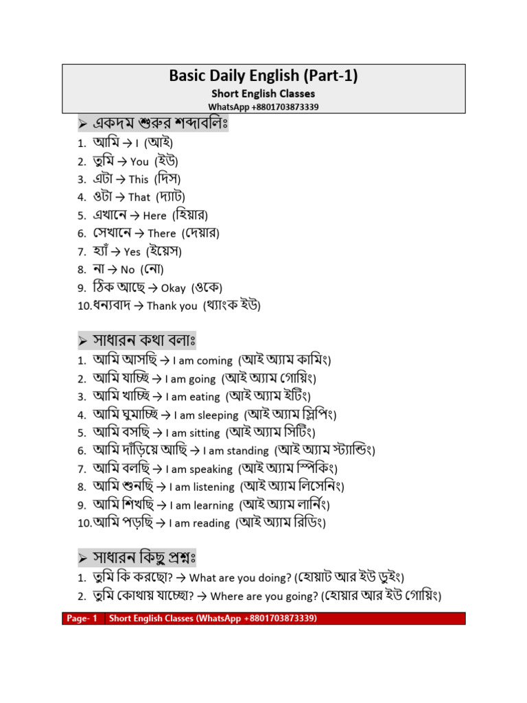 Basic Spoken English (Short English Classes) | PDF