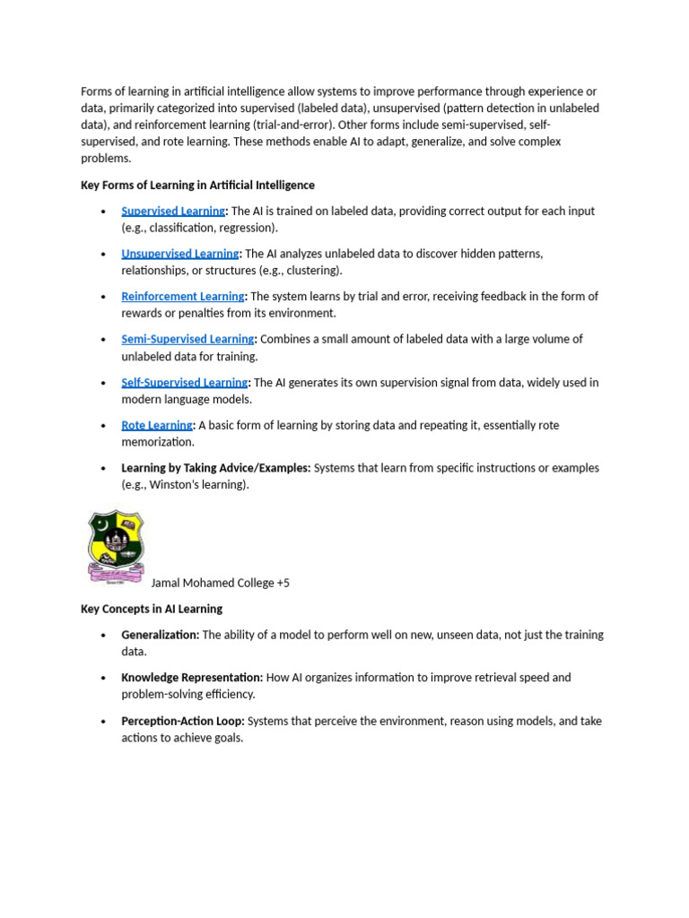 Forms of Learning in AI | PDF