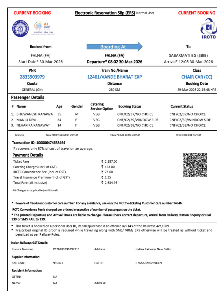 12461/vande Bharat Exp Chair Car (CC) | PDF