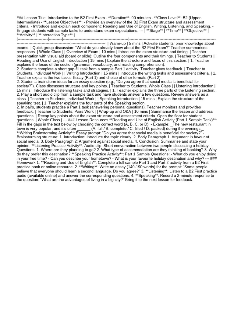 Lesson Plan-Introduction To The B2 First Exam | PDF | Reading ...