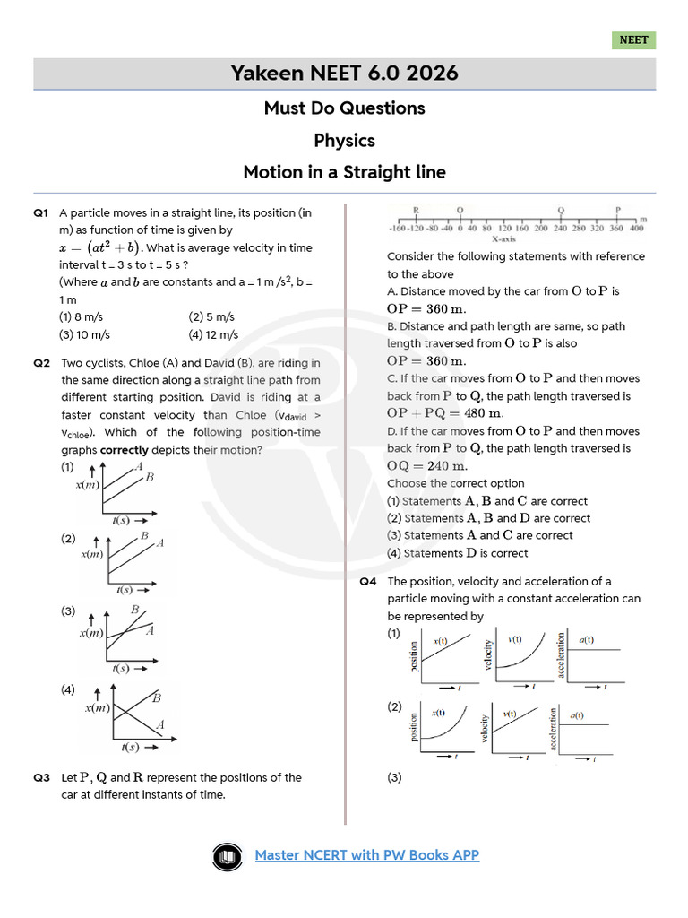 Motion in A Straight Line Must Do Questions Yakeen NEET 60 | PDF ...