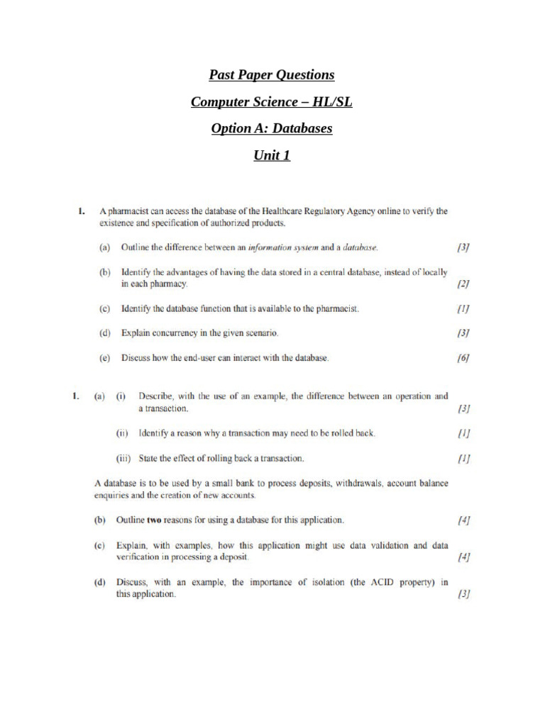 Past Paper Questions - CS Unit 1 Databases | PDF