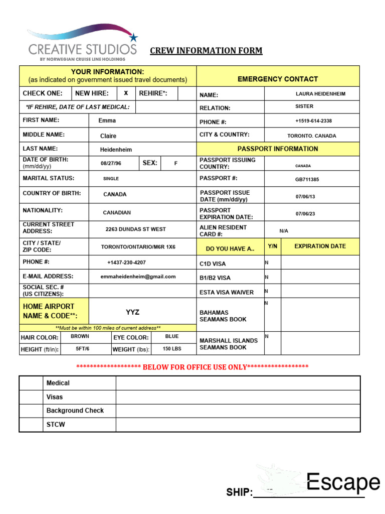 Crew Information Form 2022 (EMMAHEIDENHEIM) PDF | PDF | Immigration Law ...