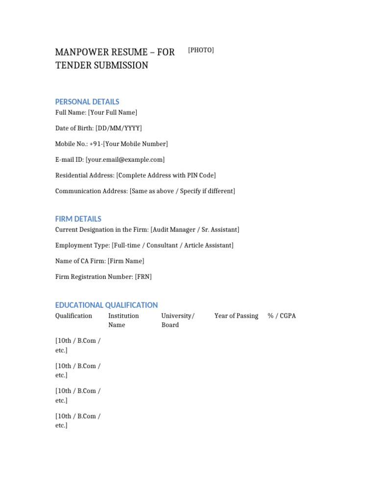 Manpower Resume Tender Format | PDF
