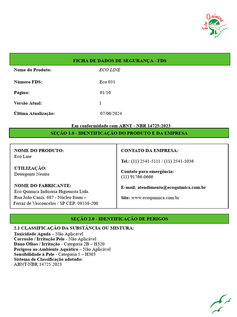 04 - FDS - Eco Line Detergente Neutro | PDF | Desperdício