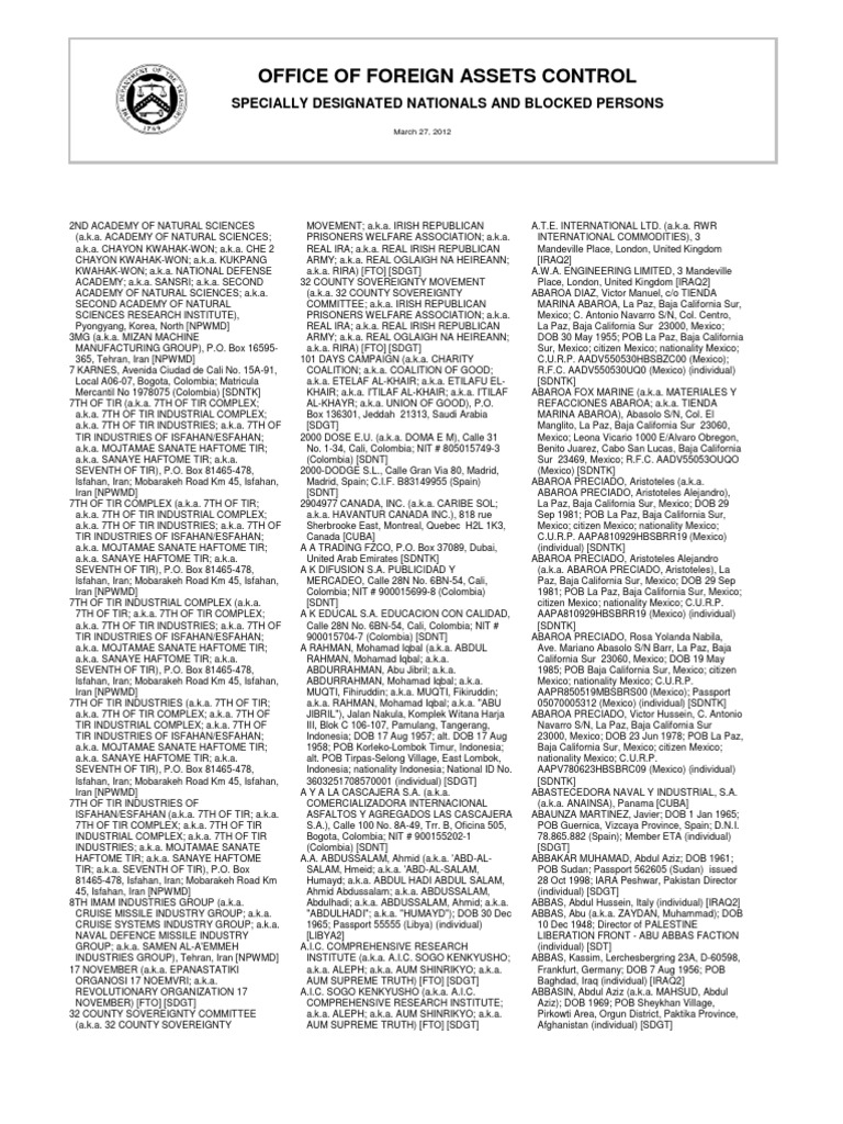 Office of foreign assets control specially designated nationals and blocked persons pdf