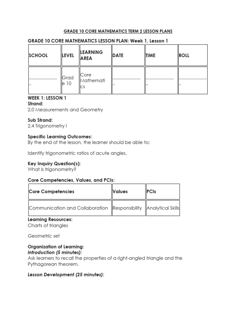 Grade 10 Core Mathematics Term 2 2026 Lesson Plans | PDF
