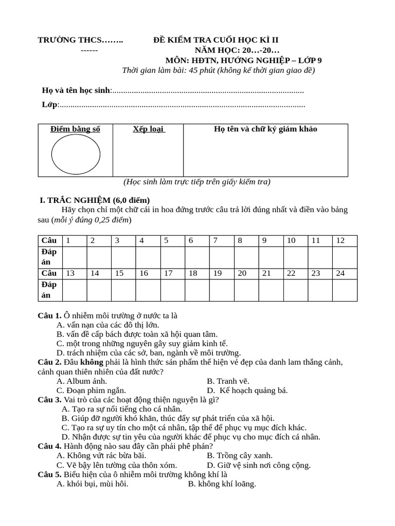 Đề Kiem Tra CK2-HDTN 9 | PDF