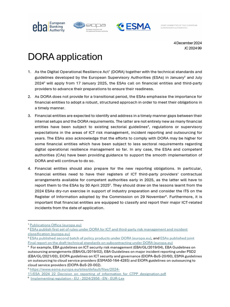 DORA ESAs Public Statement On DORA Application | PDF | European Union