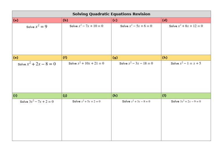 Quadratic Equations All Methods Practice Grid 2 | PDF