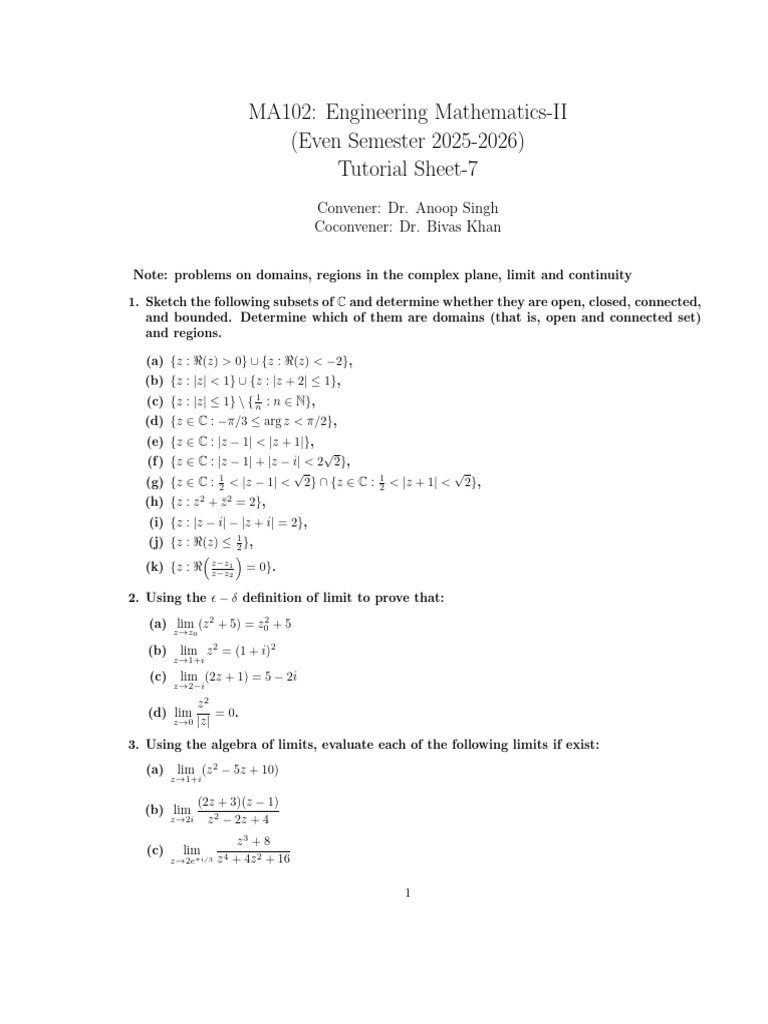 Tutorial-7 MA 102 Even Sem 2025 26 | PDF | Mathematical Analysis ...