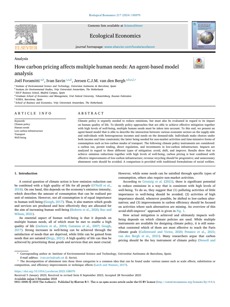 How Carbon Pricing Affects Multiple Human Needs An Agen 2024 Ecological ...