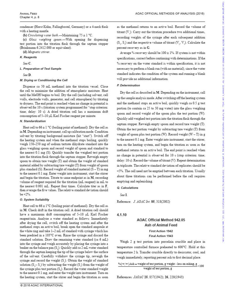 AOAC Official Method 942.05 Ash of Animal Feed | PDF | Titration ...